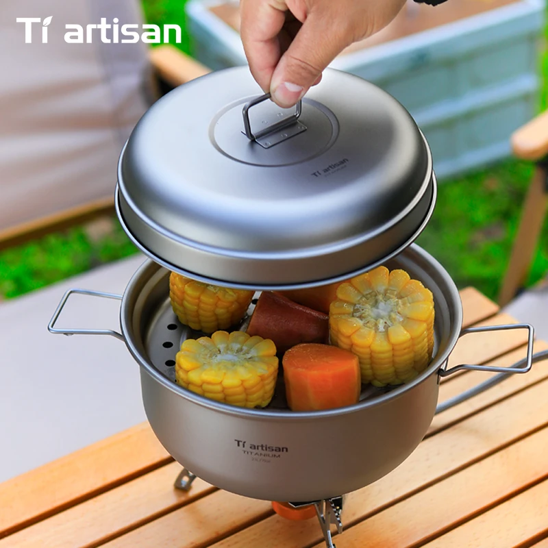 Tiartisan 2.1L/ 2.8L التيتانيوم التخييم إناء للحساء مجموعة في الهواء الطلق خفيفة الوزن باخرة مع مقصورة البخار تجهيزات المطابخ متعددة الوظائف #5