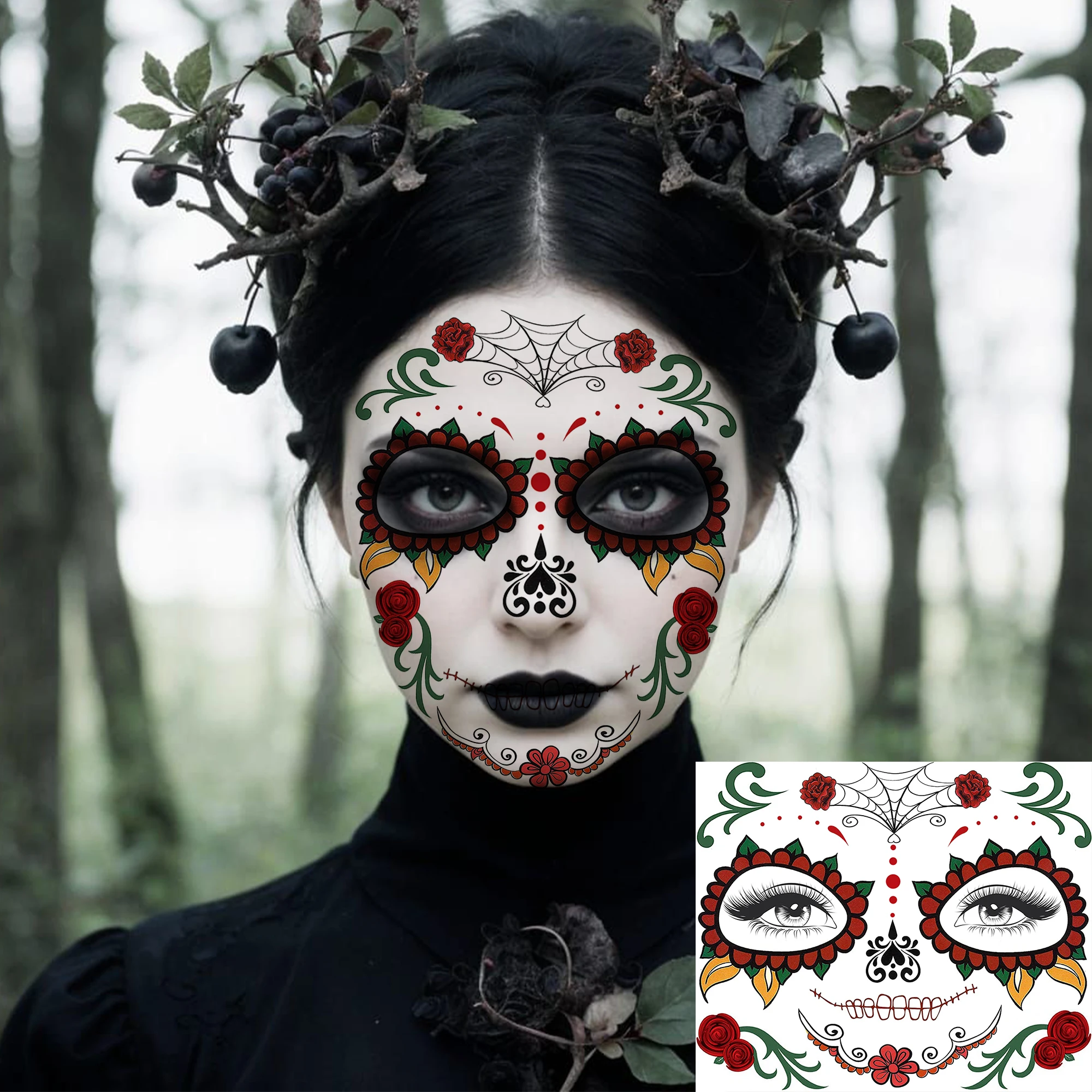 1 Sheet Halloween Mexican Day Of The Dead Colorful Sugar Skull Floral Cobweb Waterproof Durable Fake Temporary Face Tatoo Sticke
