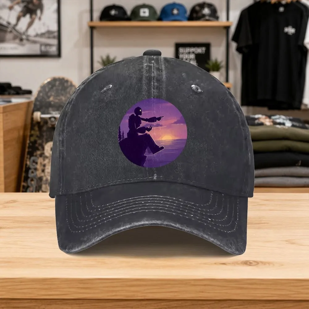 Robot Watching Sunset Washed Baseball Cap Unisex Casual Outdoor Cap for Daily Wear and Gifting
