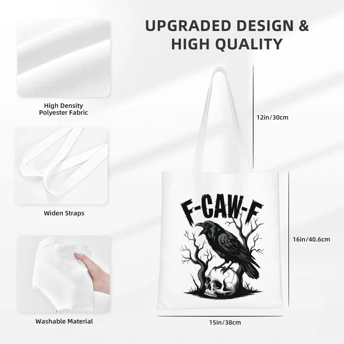 F-Caw-F الأسود الطيور والجمجمة حمل الحقائب النسائية حقيبة يد قماش كلية حقيبة كتف مطبوعة حقيبة تسوق