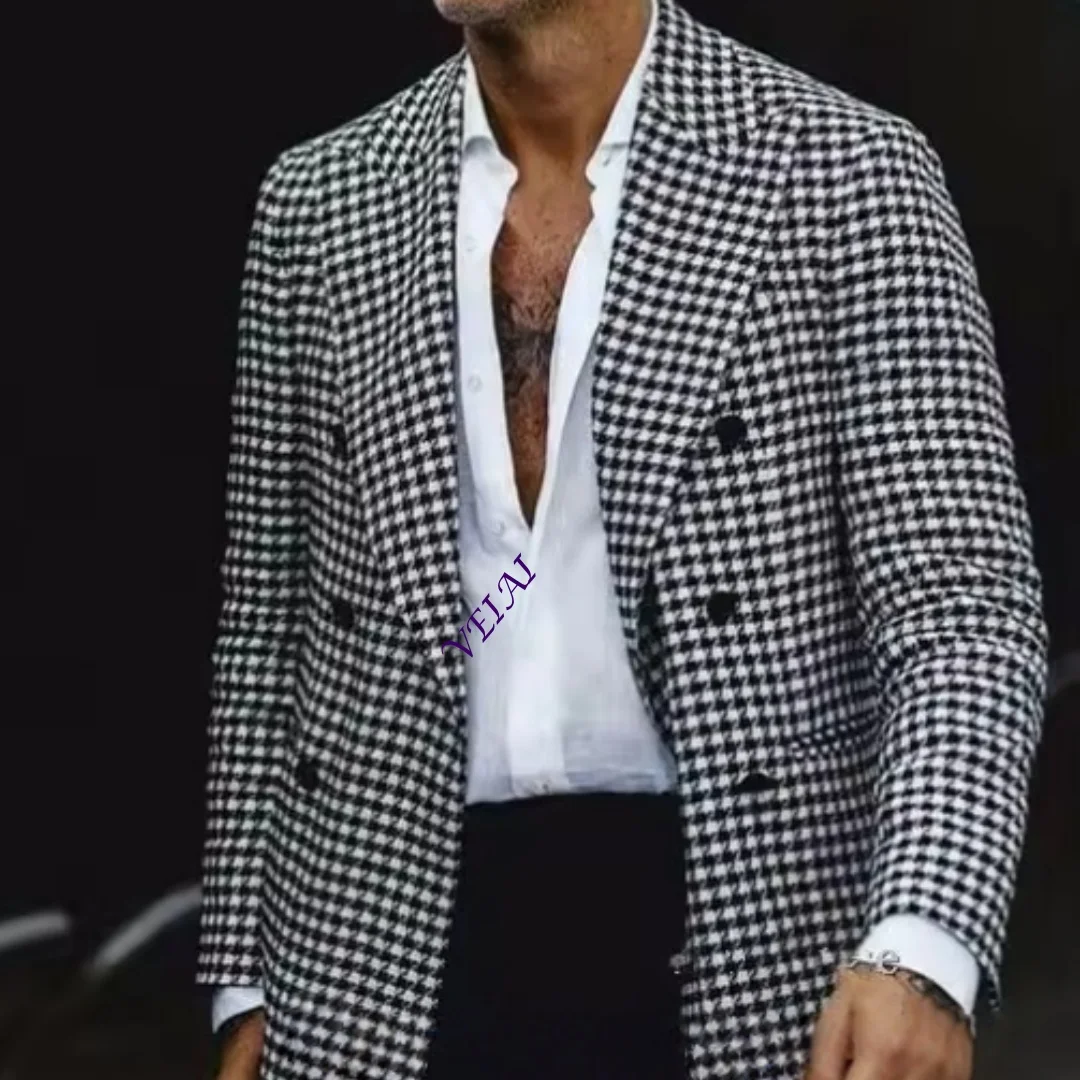 CustomizedPlaid Wedding Blazer Men Gentleman Suit Houndstooth Jacket Casual Slim Fit Double Breasted Coat Formal Business Male O