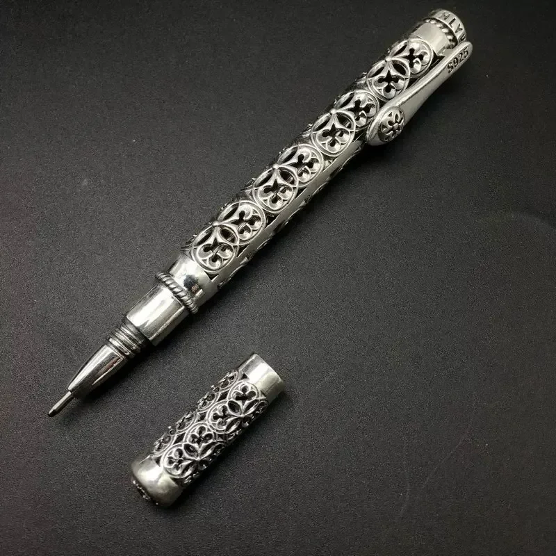 Hot Baroque Pattern Relief 925 Ball Pen Petal Openwork Silver Electroplating Craft Signature Ballpoint Pen Collectible Ballpoint