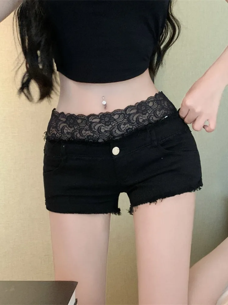 

Classic Pure Color Chic Low Waist Shorts for Women Summer New Sexy Spell Lace Fashion Black Straight A-Line Simple Female Shorts