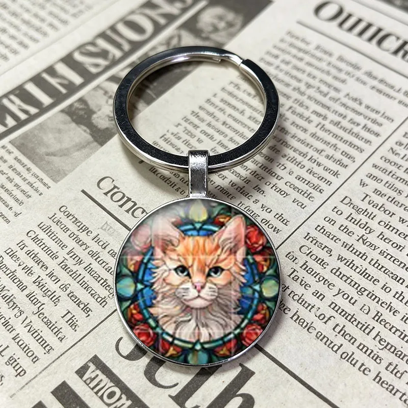 Vintage Church Window Stained Glass Fluffy Feline Cat Gloss Dome Circular Ornament Cabochon Personalized Handmade