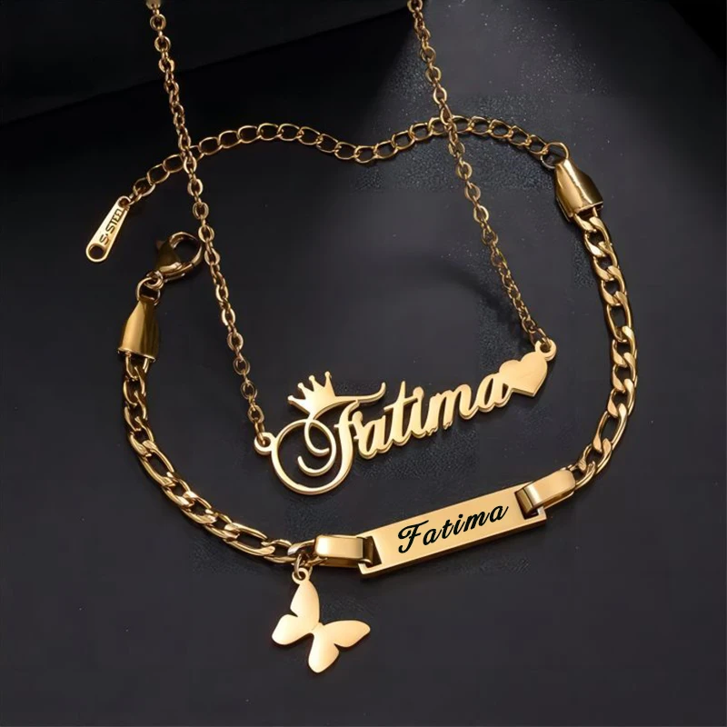 HIYONG Personalized Crown Name Necklace Bracelet Set Jewelry Stainless Steel Heart Butterfly Charm Bar Carved Necklace Gift