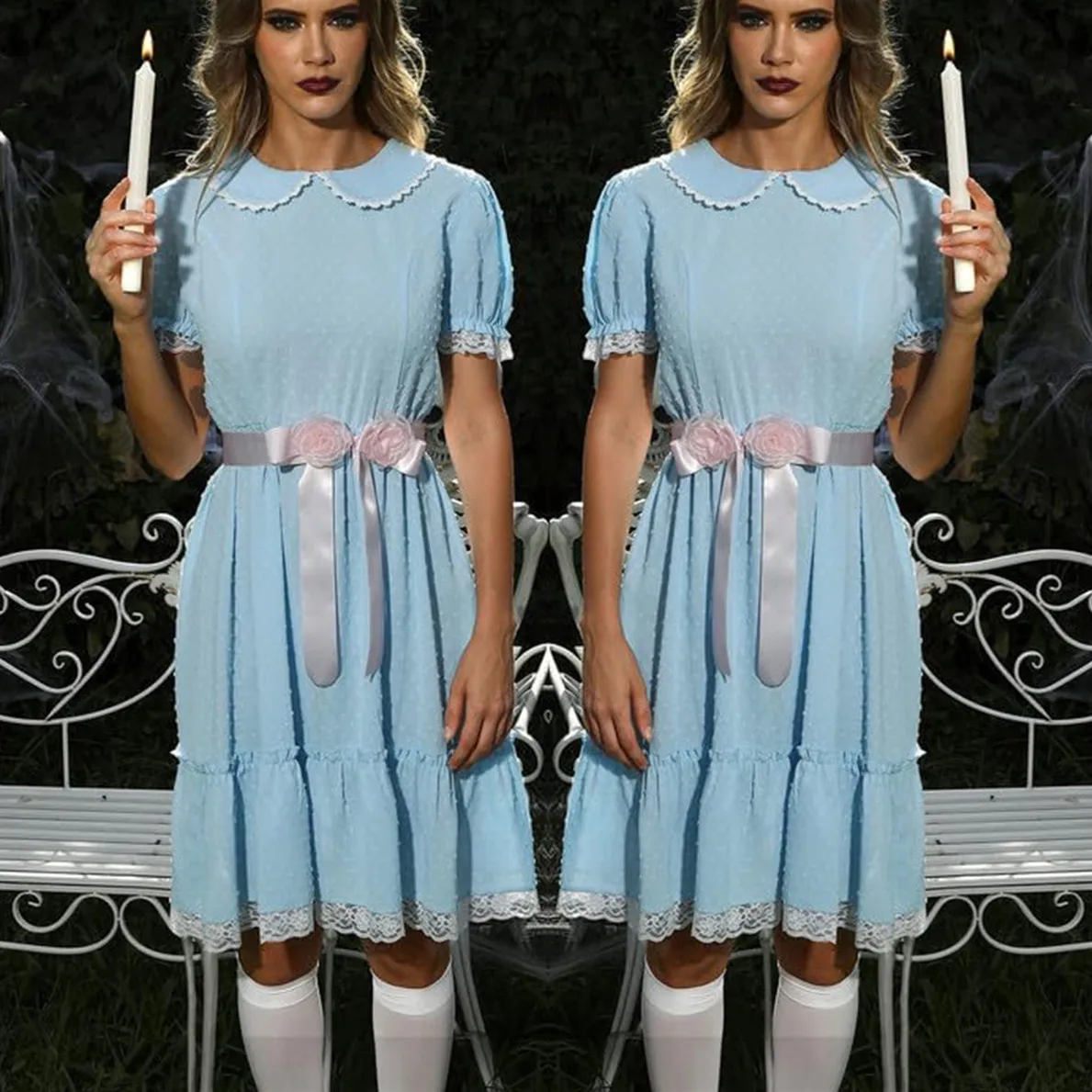 زاحف جرادي الساطع التوائم الفتيات تأثيري حلي الأزرق فستان بيبي دول وتتسابق زي هالوين فستان بتصميم حالم Y2k ملابس الحفلات