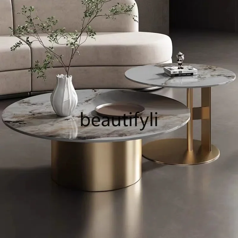 الحديثة الإيطالية الحد الأدنى مجموعة طاولة القهوة المستديرة غرفة المعيشة بلاطة الصخور كبيرة وصغيرة طاولات القهوة المستديرة الفولاذ المقاوم للصدأ K4050