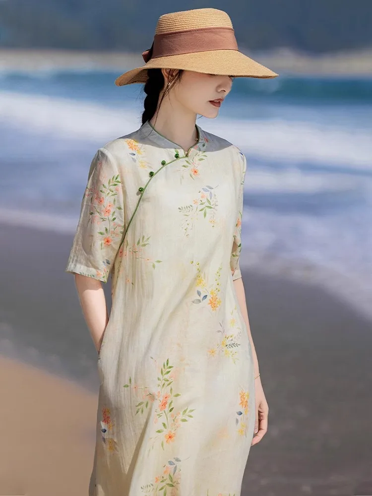 

Элегантное Оригинальное Элитное Платье из Переработанного Шелка Свободного Кроя с Принтом, Модное Женское Летнее Платье в Художественном Стиле