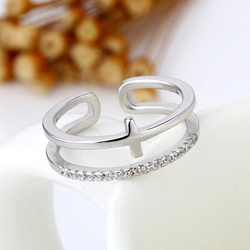 Retro Minimalist Opening Rings For Women Double Layer Moon Stars Cross Zircon Adjustable Finger Ring Girl Personality Jewelry image 4