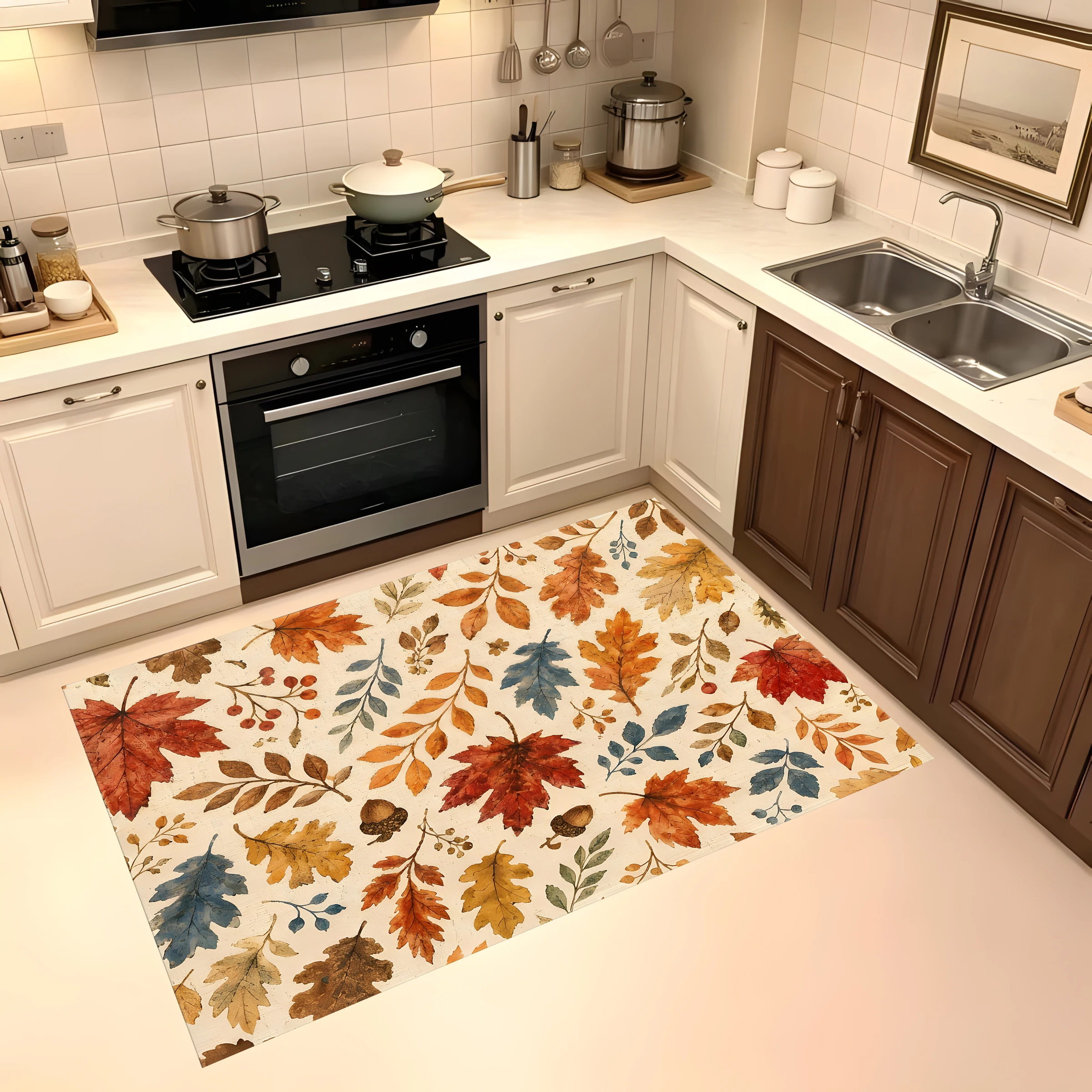 2D Large Area Rug Watercolor Maple Leaf and Acorn Pattern Full-Width Vintage Soothing Autumn Pattern Suitable for Living Room and Bedroom