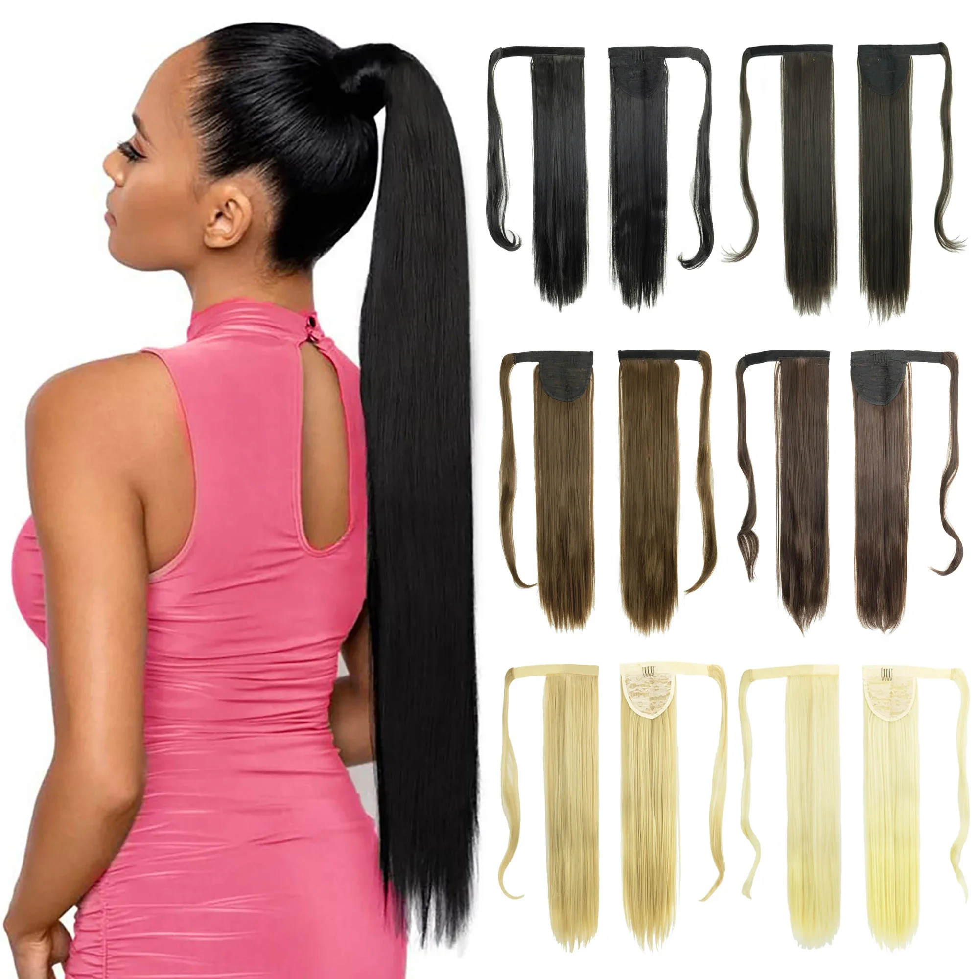 

Straight Black Blonde Wrap Around Ponytail Extension Little Pony Tail Synthetic Hair Extensions Hairpiece