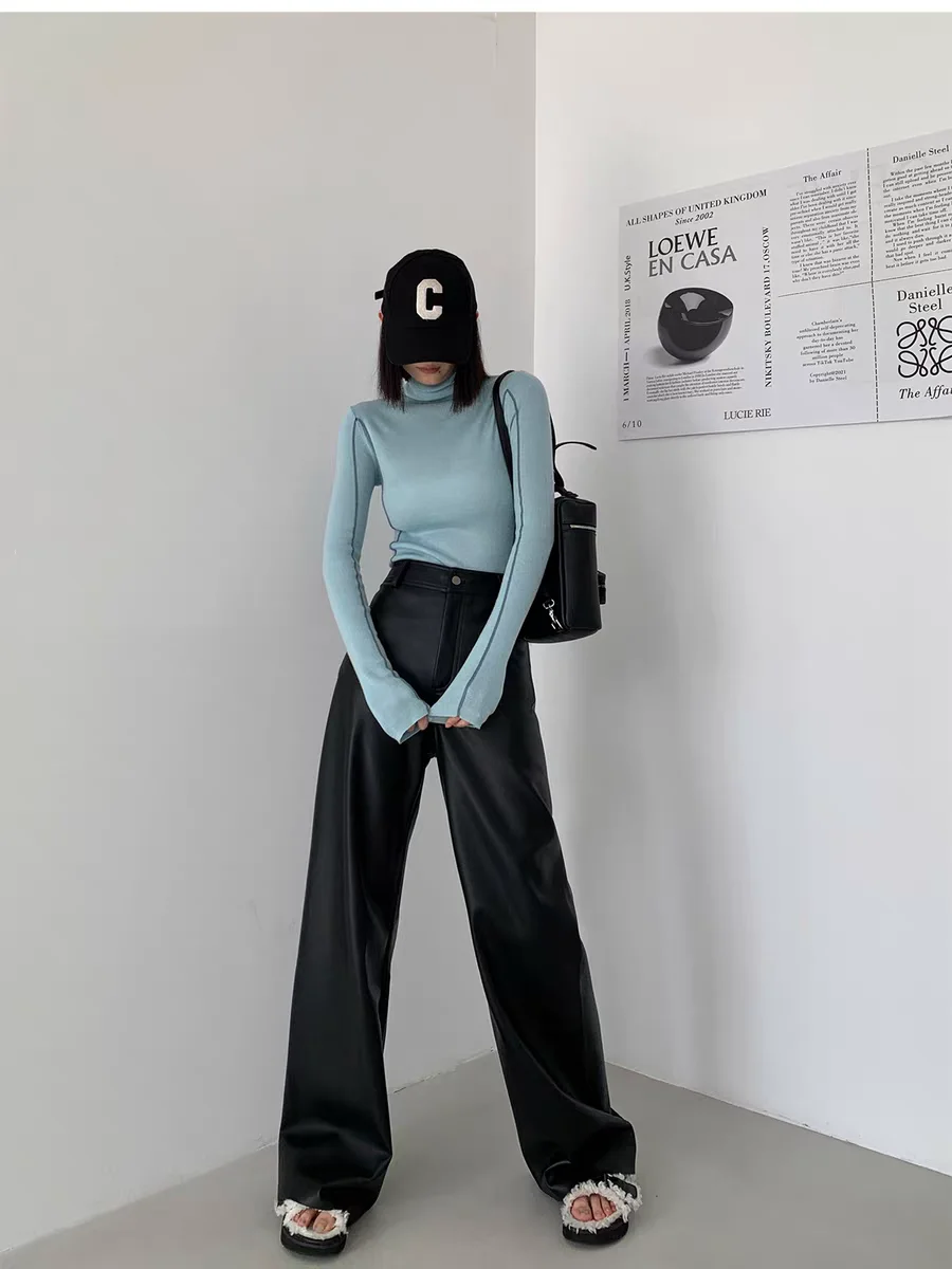 

Real Leather eepskin Pants Straight Leg Casual Loose Fit Comfortable Soft Ladies Trousers High Waist Button Closure