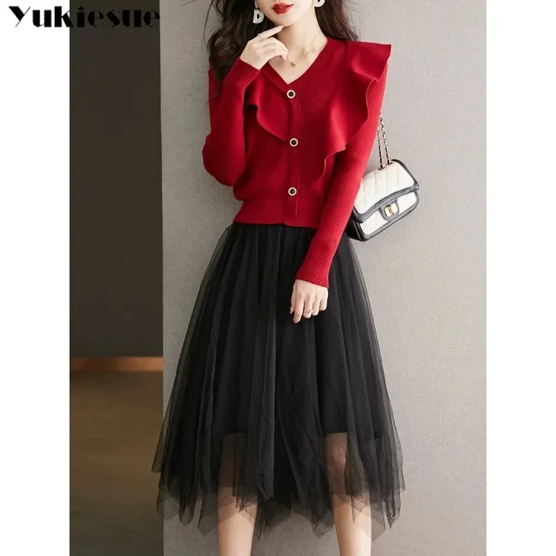 Frauen V-ausschnitt Spitze Taste Langarm Gestricktes Hemd Schlank Mesh Rock Solide 2023 Herbst Winter Zwei Stück Set Kleid Design sinn