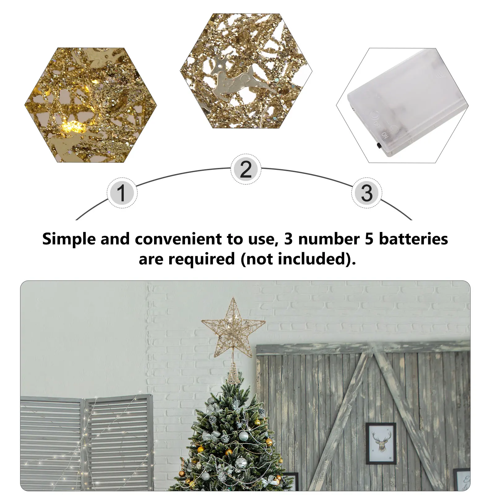 

1 pc Tree Top Star Xmas Topper Christmas Tree Star Topper Iron Material Shiny Sequin Light Operated String