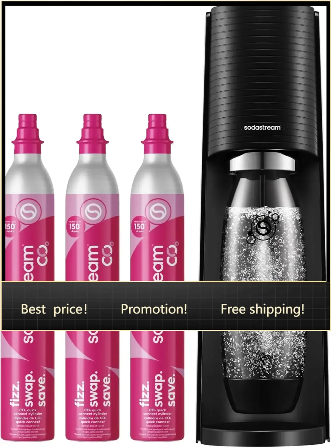 TERRA Sparkling Water Maker, CO2 Bundle, CQC CO2 System, Includes 3 Quick Connect 60L CO2 Cylinders, 1 Dishwasher Safe BPA