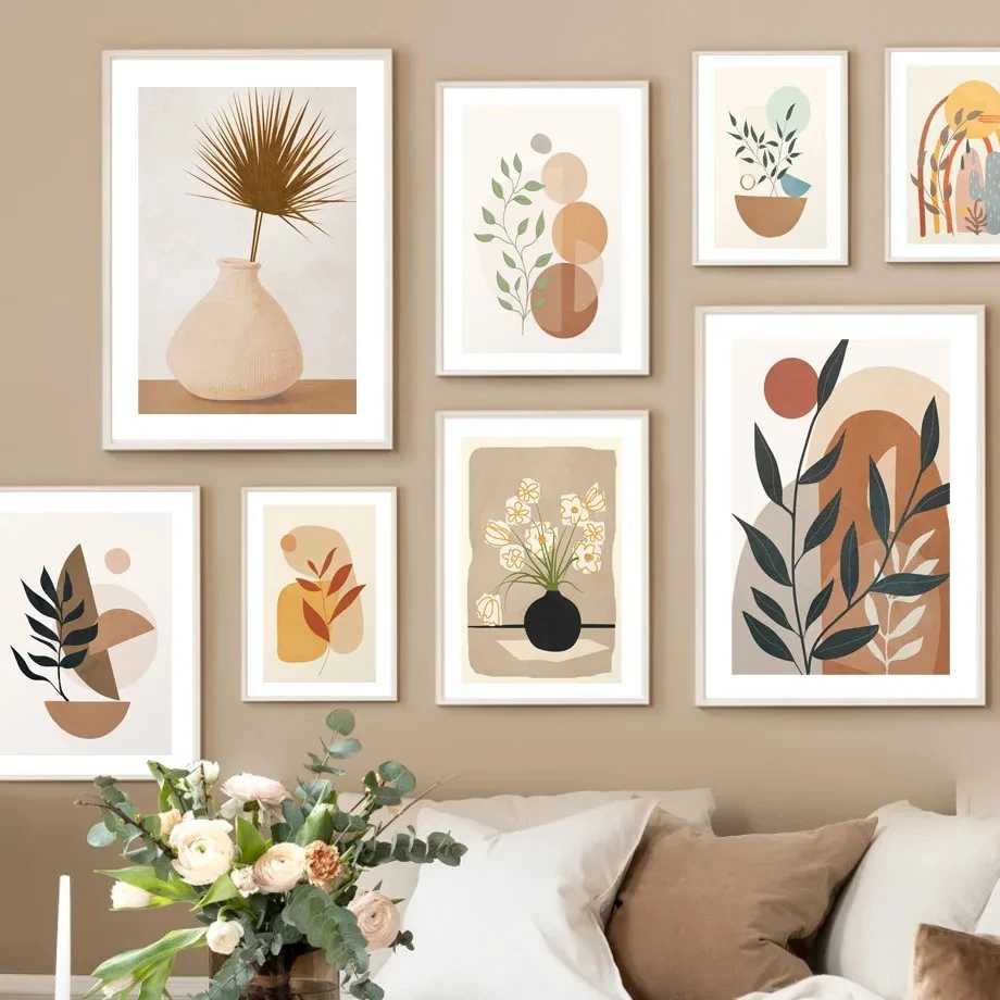 Boho Natural Leaf Flower Vase Abstract Posters Prints Canvas Painting Morandi Nordic Wall Art Pictures Living Room Home Decor