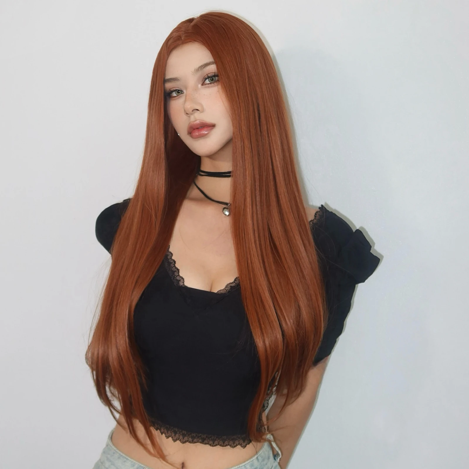 ALAN EATON Long Orange Straight Synthetic Wigs Orange Hair Middle Part Wig for Women High Temperature Fiber Natural Daily Party