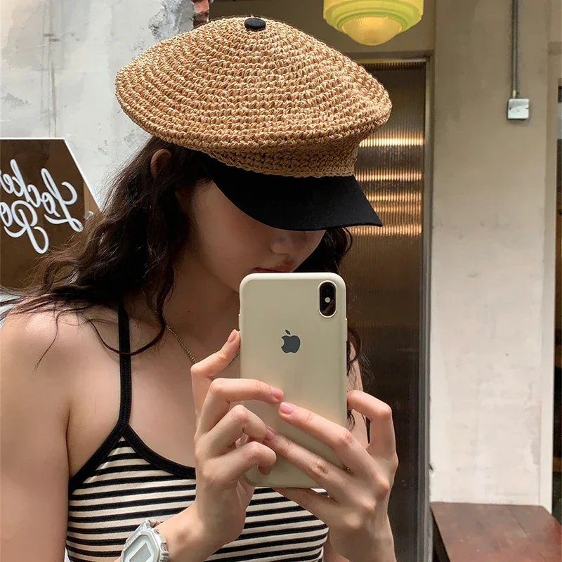 Summer Straw Weaving Beret Cap Women Vacation Outdoor Beach Straw Hat Adjustable Splicing Hats Elegant French Beret for Women