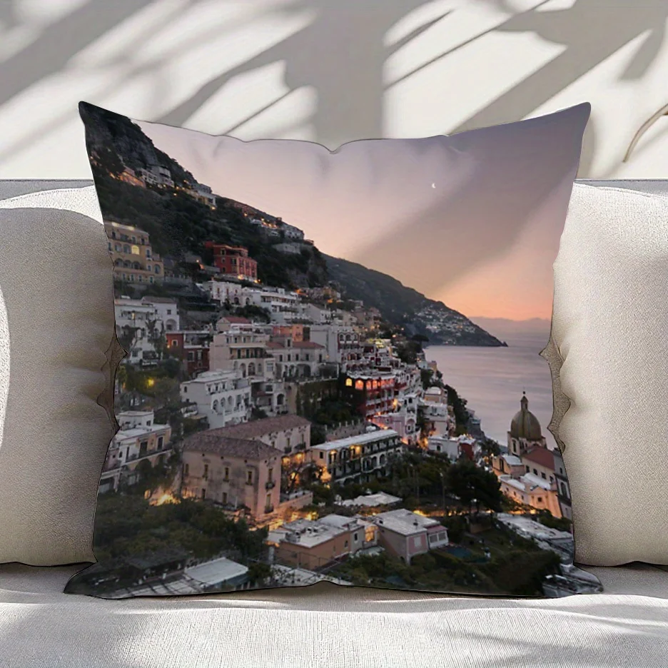 Mediterranean Amalfi Coast Italy Sunset Throw Cushion Pillow Cover Home Decor Art Landscape Pad Cover 45x45cm