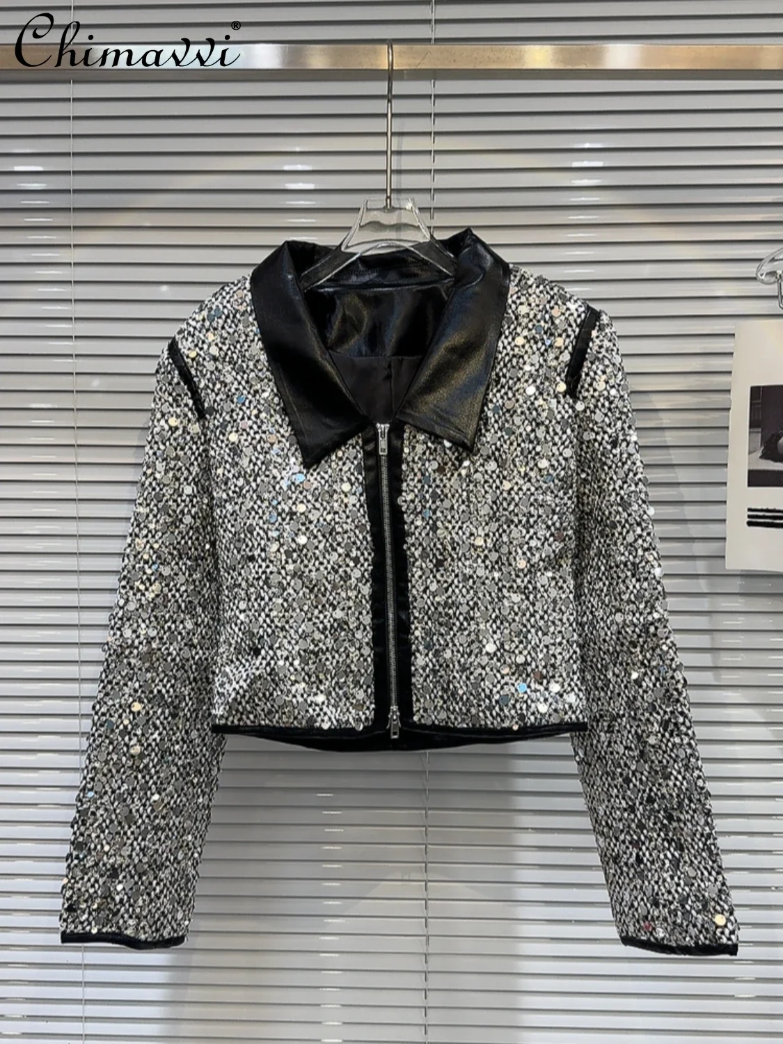 

2024 Autumn New High-end Fashion Leather Collar Sequined Tweed Jackets Women Slim Temperament Ladies OL Short Coat Jacket