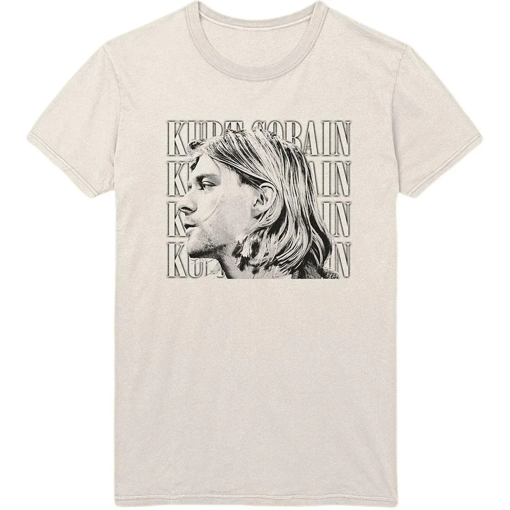 Kurt Cobain Repeat Text Portrait Print Cotton T-Shirt Grunge Rock Legend Unisex Short Sleeve Tee
