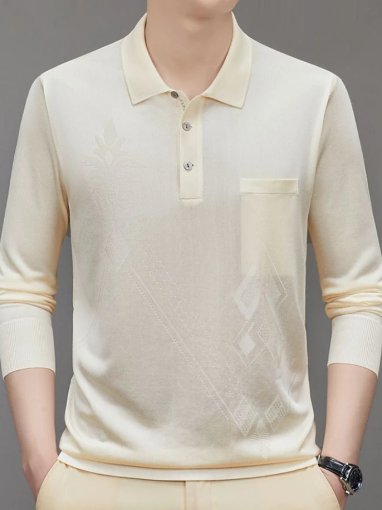 Mens Long Sleeve Polo in Premium Mulberry Silk Loose Fit Casual Blouse for Dad Middle Aged Man Lightweight Breathable New Top