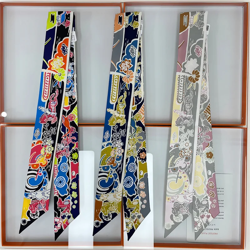 POBING Spain Print 18m/m Twill Silk Scarves Women Luxury Brand Scarf Bag Ribbons Tie Head Scarf Small Long Skinny Scarf 86*5CM