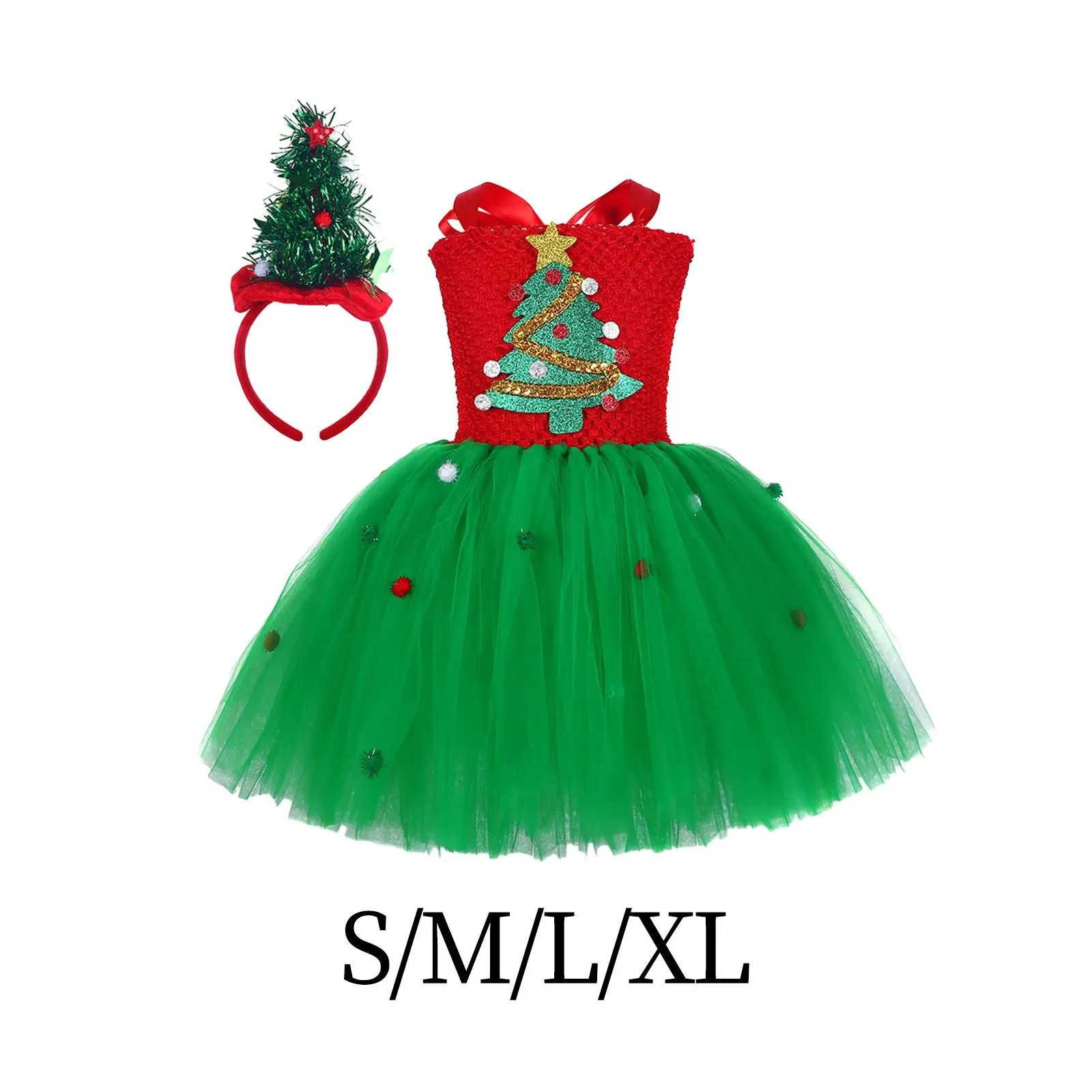 Girls Christmas Tree Costume with Headband Kids Christmas Dress Tutu Skirt