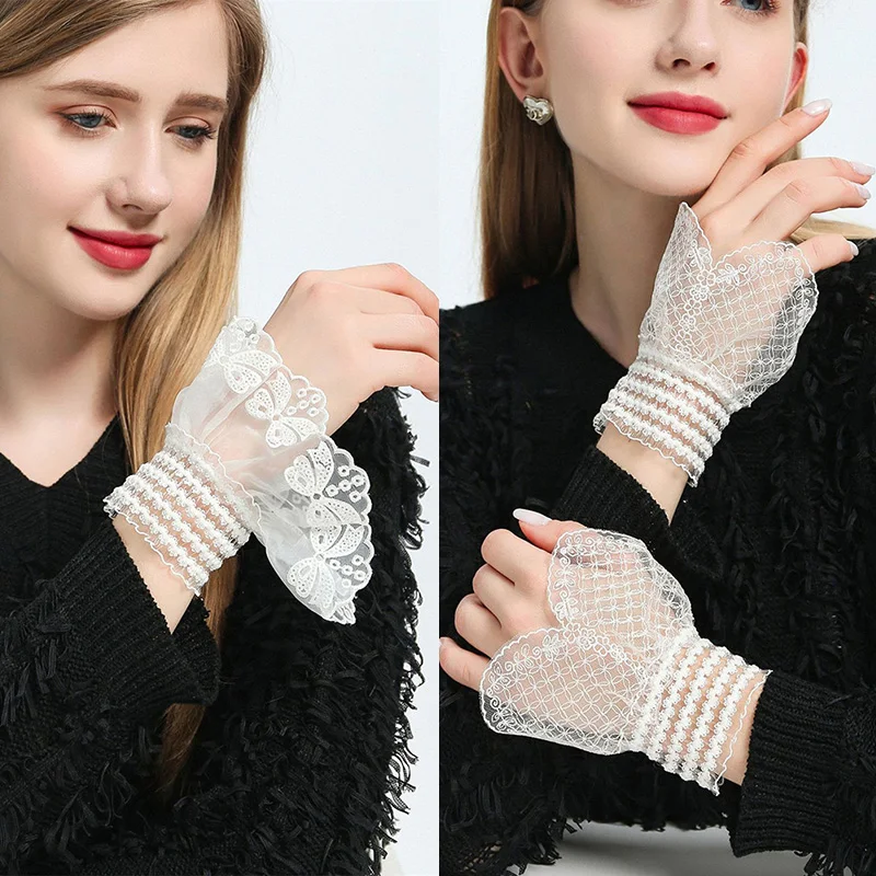 

Women Detachable Sleeve Fake Cuffs Lace Flower Thin Pleated Flare Sleeve False Cuffs Ruffles Wristband Decorative Accessories
