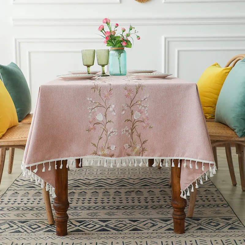 Embroidery Floral Pattern Table Cloths, Wrinkle Free, Heavy Weight Farmhouse Tablecloths with Tassels for Home Decoration,