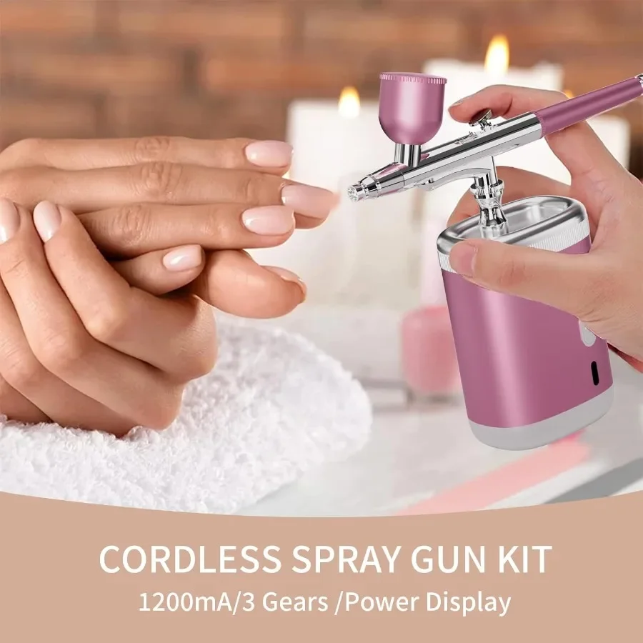 ชุดพ่นสีแบบพกพา 1200 มิลลิแอมป์ พร้อมคอมเพรสเซอร์ สำหรับแต่งหน้า ตกแต่งเค้ก ทาสีโมเดล ทำเล็บ และงานตัดผม สีชมพู