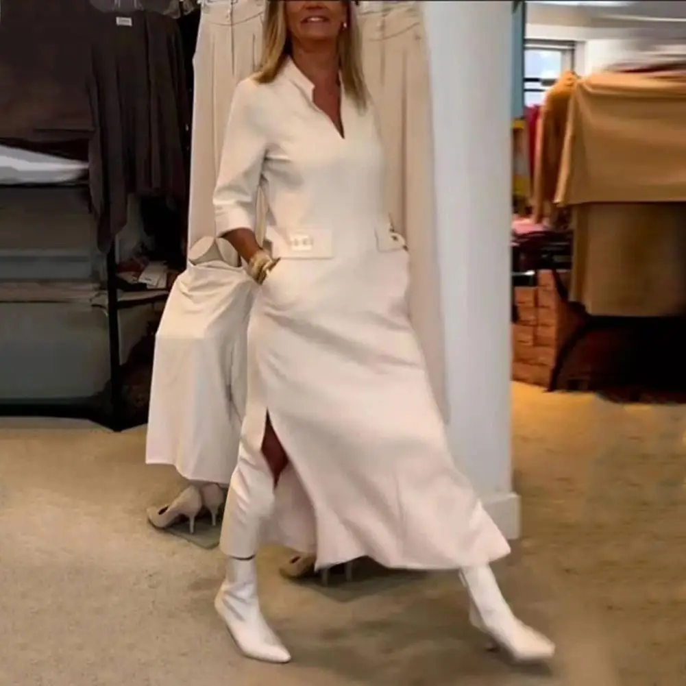 שמלת אורך לנשים בעיצוב בצורת H, מעוצבת בצבע אחיד עם מחשוף V צמוד, שמלות אלגנטיות בעיצוב בצורת H למשרד