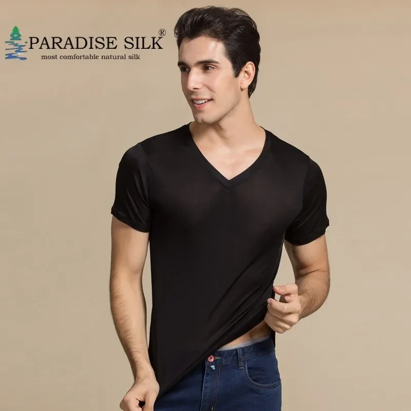 

Men Basic T-Shirt 100% Pure Silk Knitted Mens V Neckline Short Sleeves Solid Size L XL XXL XXXL