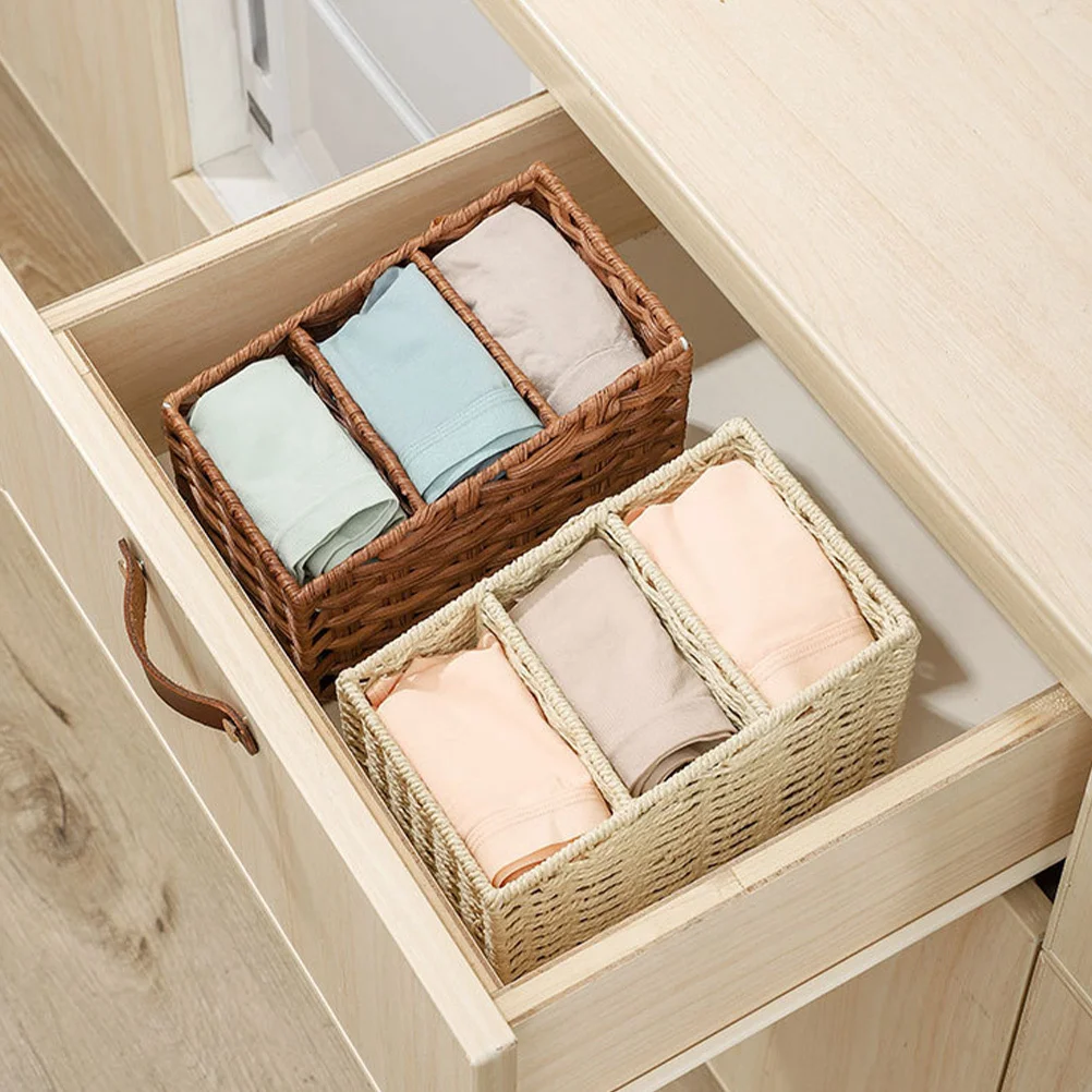 

Trapezoidal Three Grids Desktop Storage Box Simulated Hand-Woven Design Plastic Waterproof Organizer for Home Office Desk Tidy
