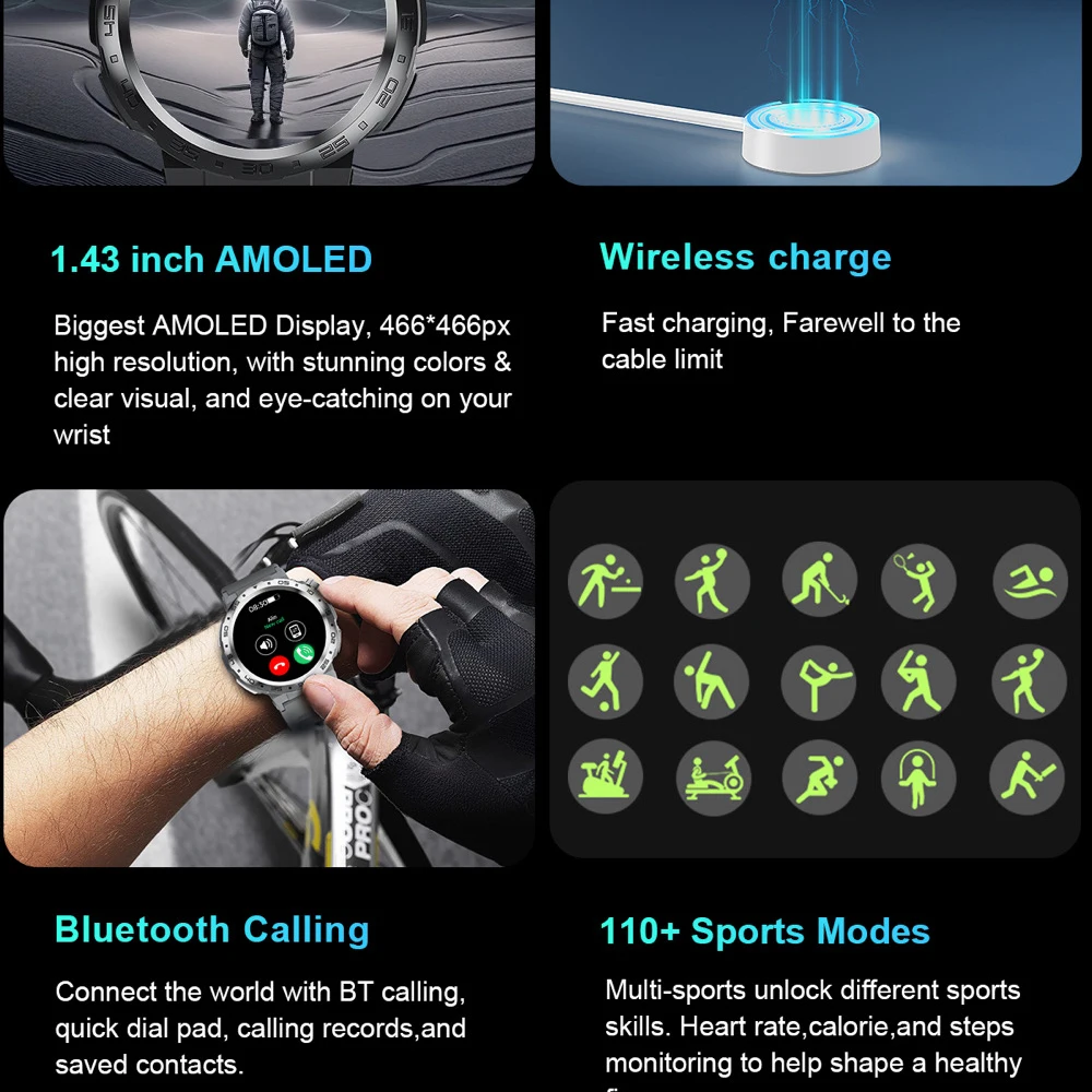 1.43 ''Amoled Sport All'aria Aperta GPS Orologi Intelligenti Frequenza Cardiaca Ossigeno Nel Sangue Smartwatch Salute Blue Tooth Chiamata Orologi 5ATM Impermeabile