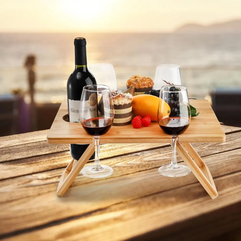 Collapsible Wine Picnic Table with 5 Glass Holders, Ideal for Outdoors, Beach, and Wine Enthusiasts