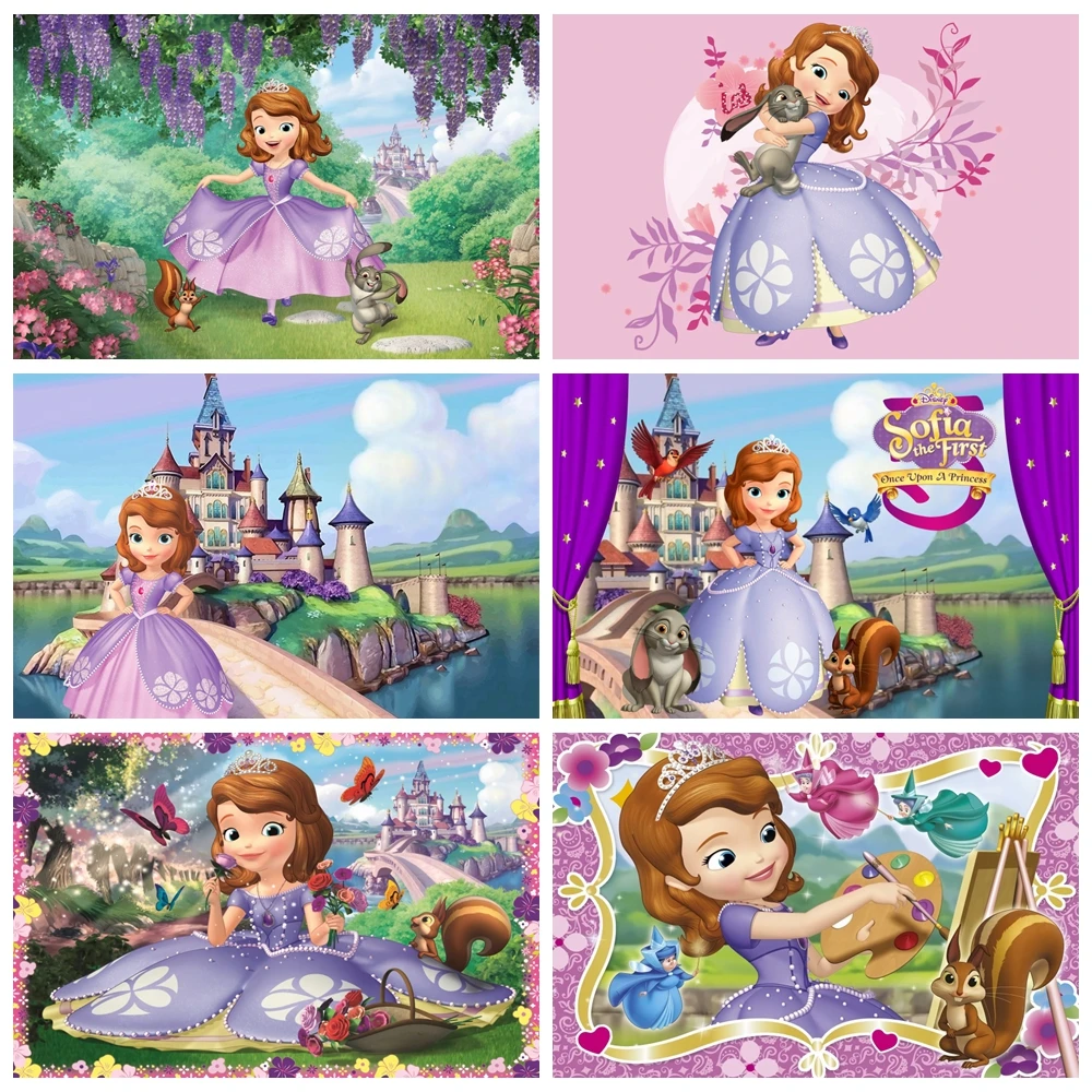 Purple Dress Princess Sofia Backdrops Flowers Birds Rabbit Girls Newborn Baby Shower 1st Birthday Party Photography Background