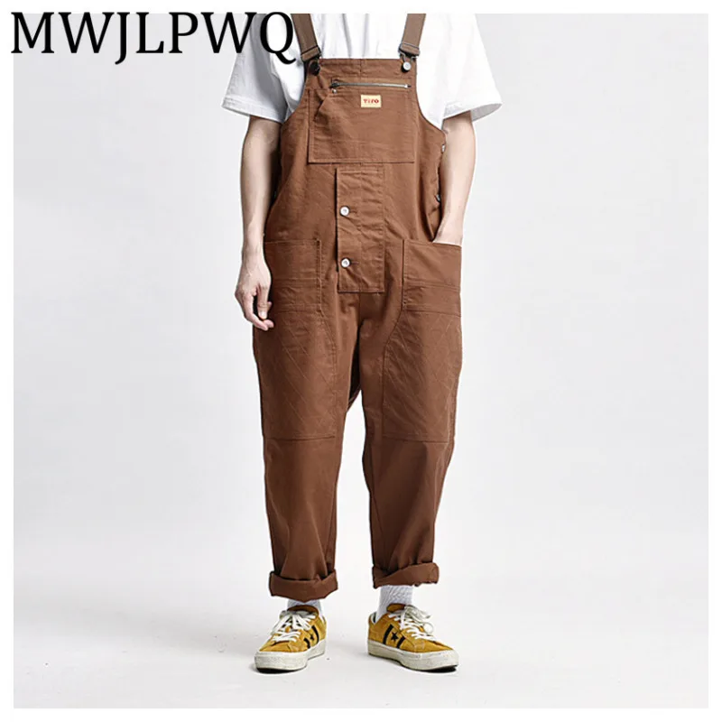 

MWJLPWQ Khaki Multi-Pocket Trousers Men's Streetwear Trendy Jumpsuit Tide 2025 Autumn Suspender Cargo Long Pants 12101