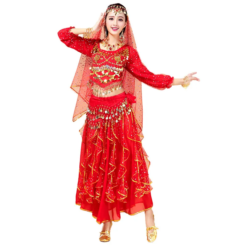 Costume di danza del ventre Bollywood Donna Indiano/Arabo Fasciatura di danza del ventre Top Gonna lucida Sciarpa per la testa Monete Abbigliamento da prestazione Vestito