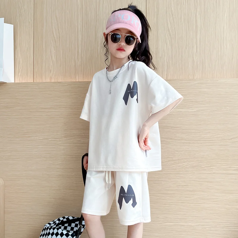 5-14Years Girls Fashion Sets Summer Short-Sleeve Shorts Suit Children Casual T-shirt+Pants 2Pcs Outfits Teenager Loose Clothing