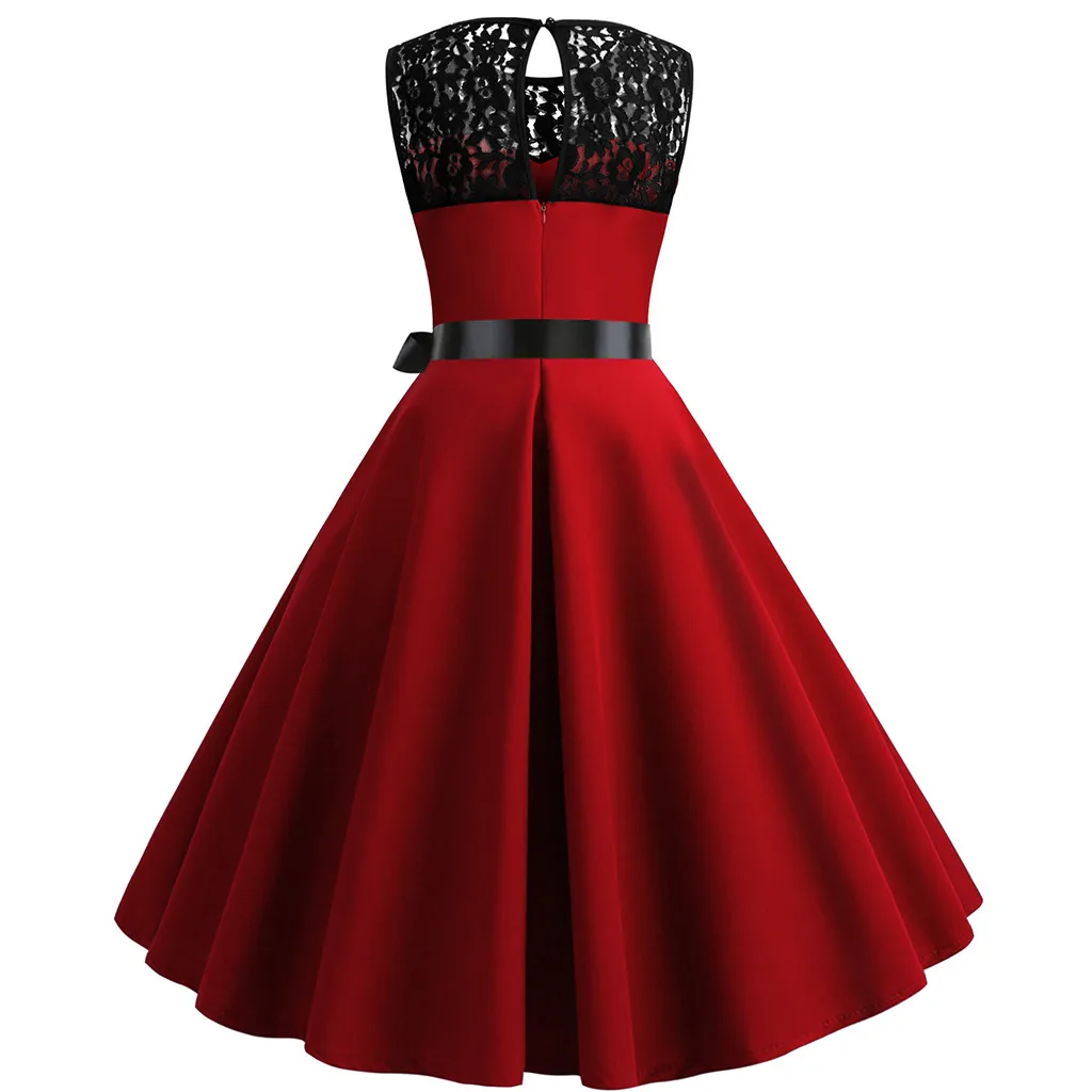 1950s donne Vintage senza maniche in pizzo giuntura solido Swing Dress da donna retrò Prom Party Dress Ladies Vestidos