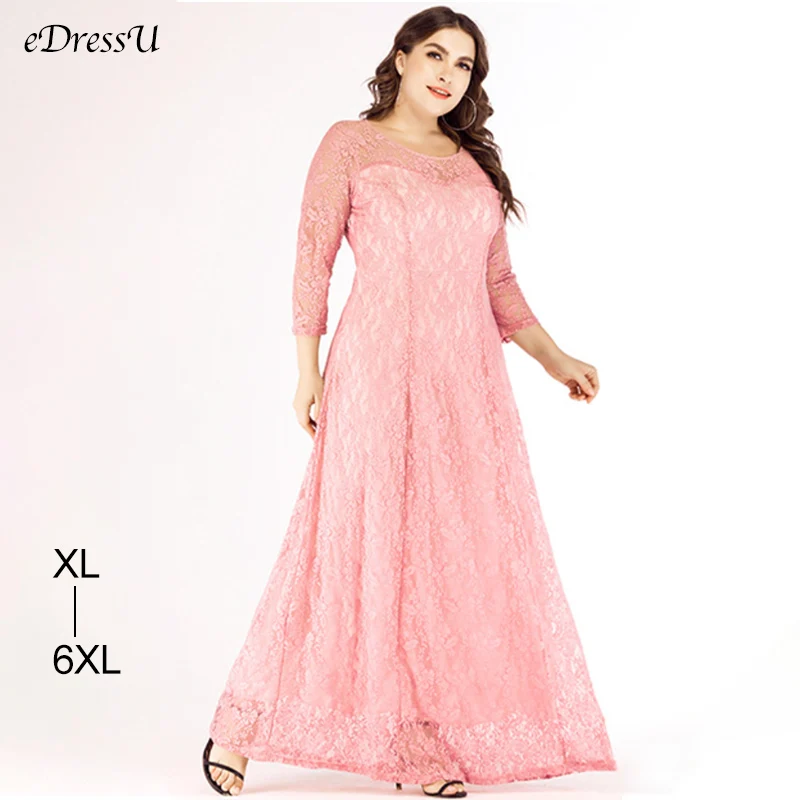 

eDressU Plus Size Women Lace Evening Party Dress 3/4 Sleeve A-line Pink Long Large 4XL 5XL 6XL Mother of the Bride Dress SJ-1868