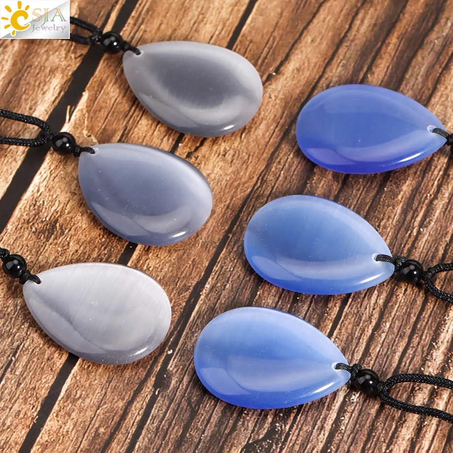 CSJA Water Drop Pendant Necklace for Women Trendy Blue Gray Cat Eye Glass Beads Handmade Adjustable Necklaces Jewelry Gift T049