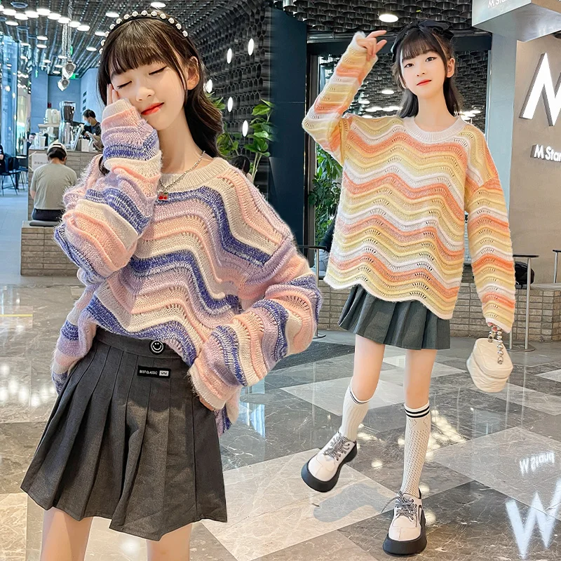 Rainbow Colorblock Kids Knitwear  Luxury Design Girls Long Sleeve Sweater Cheap Spring Autumn Coat Warm Winter Children's New