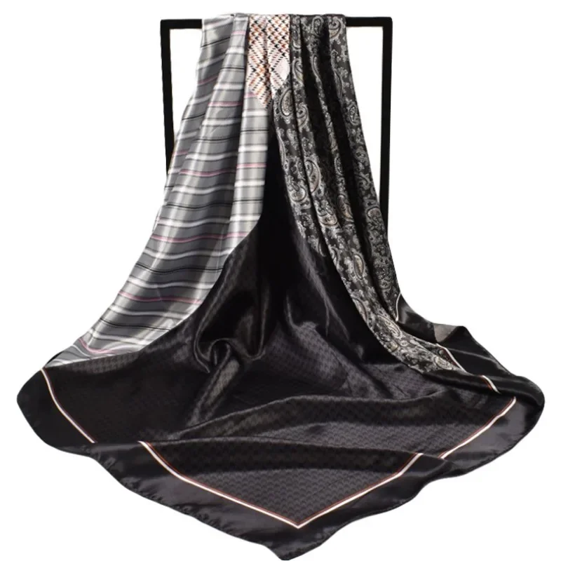 Pañuelo de seda para la cabeza para mujer, pañuelo para el pelo a la moda de lujo, Foulard de verano para mujer, chal de satén, pañuelo cuadrado para la cabeza de 90cm, Bandana Cheveux