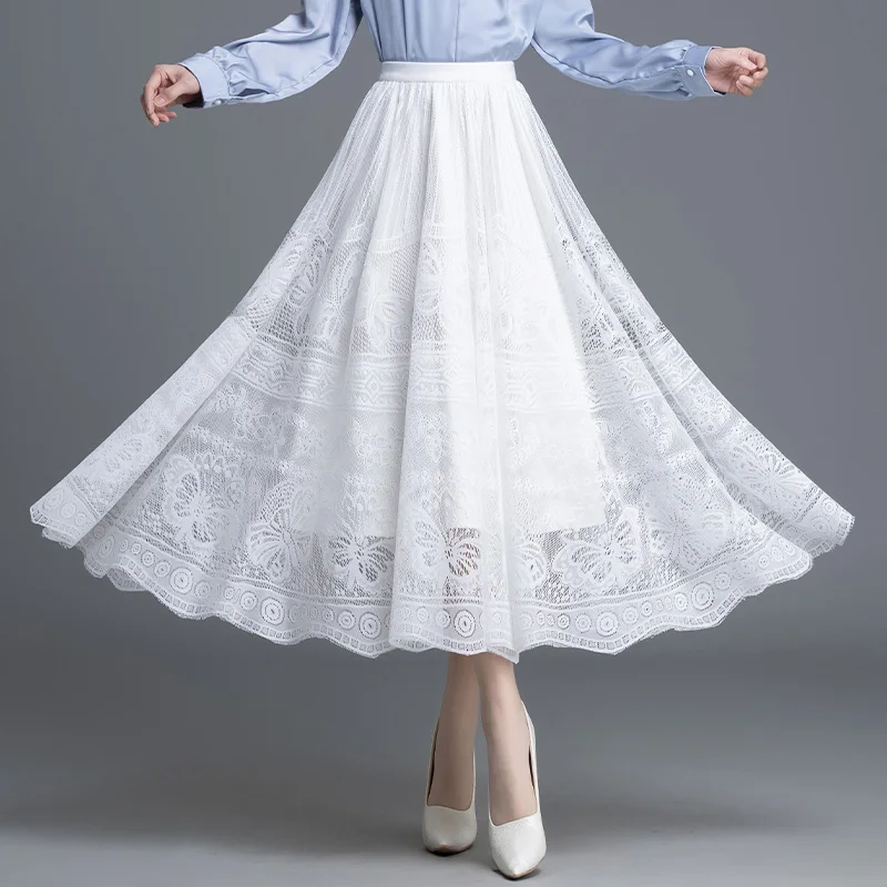 

Ele High Waist A-Line Long Skirt White Lace f Body Women's Spring Autumn Loose Fit Fairy T Skirt Polyester Blend