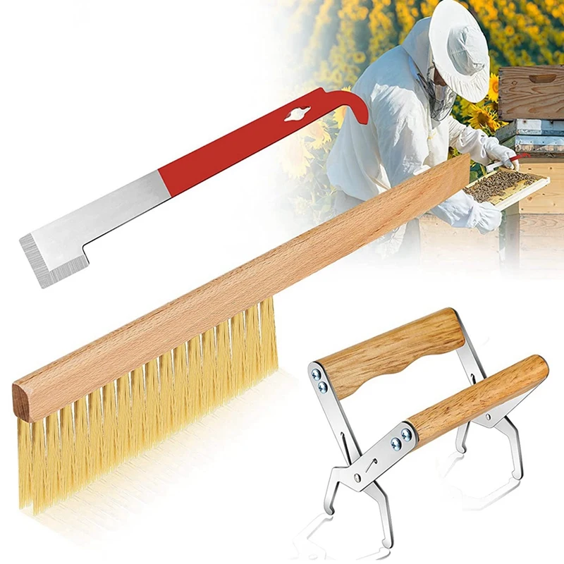 AT43-Bee Hive Tool For Beekeepers,Include J Hook Frame Lifter Scraper,Bee Hive Frame Grip Holder Lift,Wooden Beekeeping Brush