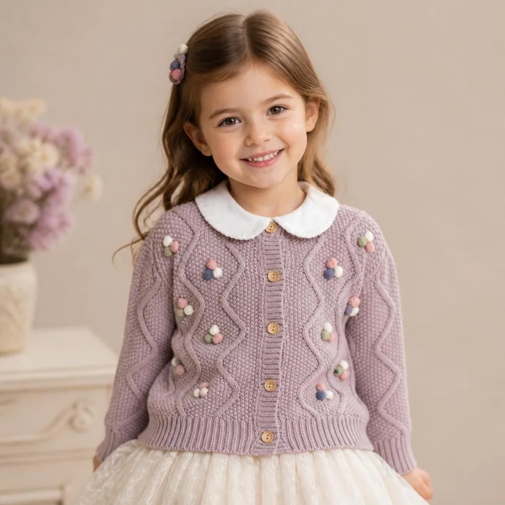 High Quality Sweet Knitted Sweater Pom Pom Design Candy Color Girls Coat Warm Knitted Cardigan Autumn