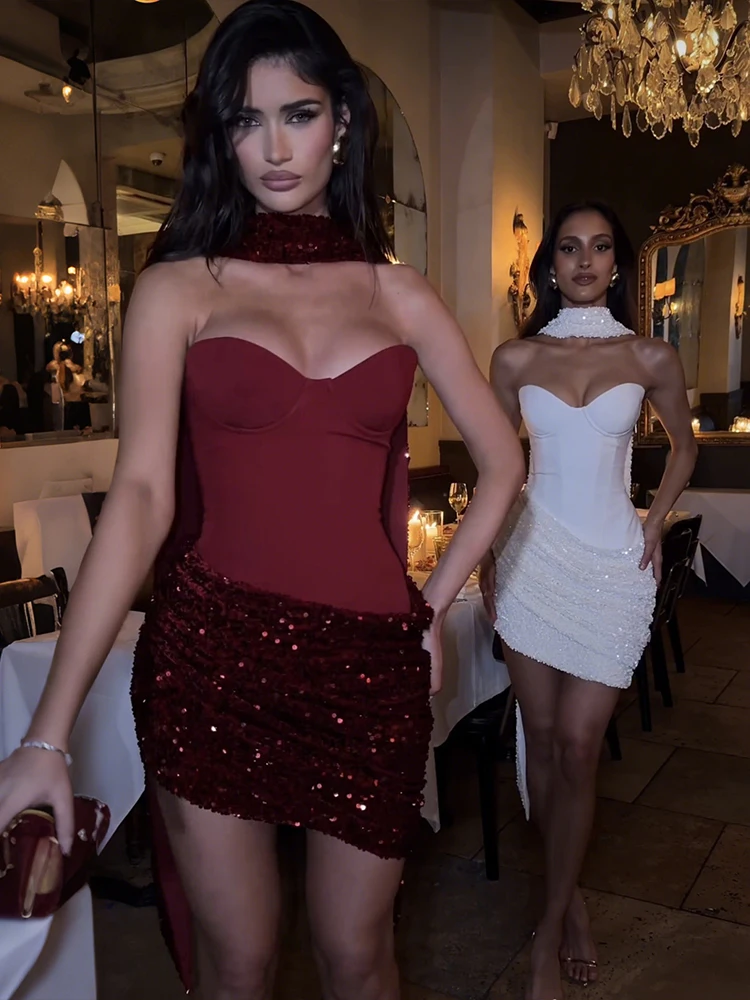 Kliou Sexy Mode Mini Kleid Frau Wrap Brust Backless Ärmellose Geraffte Glänzende Pailletten Saum Mitternacht Prom Party Elegante Bodycon