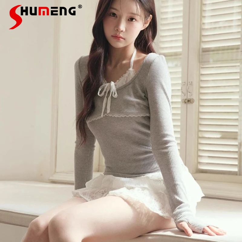 

Новинка осени 202, серая кружевная лоскутная вязаная футболка с лямкой на шее и длинными рукавами, женская японская милая модная вязаная пуловер из двух предметов